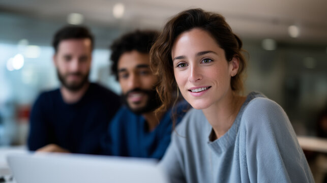 Diverse team of coworkers collaborating on laptop in modern office, discussing marketing strategy during teamwork meeting, concept of cooperation, innovation and professional growt