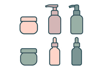 Minimalist set of cosmetic packaging icons including cream jars pump dispensers and serum dropper bottles