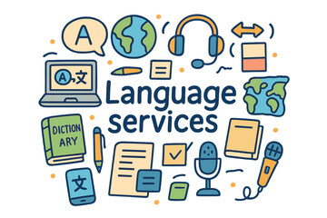 Fototapeta premium Language Services Illustration. Language services. Hand-drawn doodle illustration of Language services. globe,