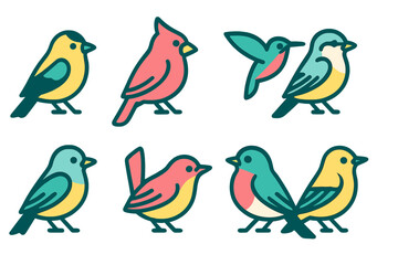 Colorful collection of stylized songbirds and wild birds including a cardinal and hummingbird icons