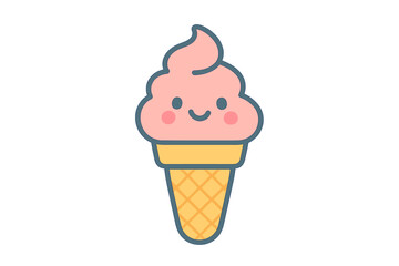 A delightful and cheerful pink soft serve ice cream character with a smiling face served in a crispy waffle cone cup