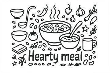 Hearty Meal Doodle. Hearty meal. Hand-drawn doodle illustration of Hearty meal. In the middle, one slightly
