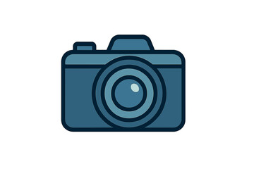 Stylized blue camera symbol representing photography and digital media technology