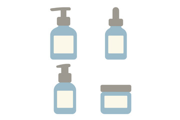 Minimalist set of cosmetic product containers including pump bottles, dropper bottle, and cream jar