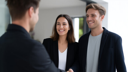 Happy realtor greeting clients at house entrance, young couple visiting new property for sale, modern interior and professional real estate consultation real estate, realtor, coupl