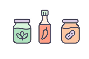 Set of jars and a bottle containing food condiments like herbs and chili sauce