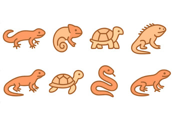 Cute reptile collection featuring lizard, chameleon, turtle, iguana, and snake in simple outline design