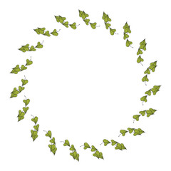 Hand drawn plants, dividers, wreaths, border frames. Circle floral frame with leaves on white background. Vector hand drawn illustration for wallpaper, posters, card. Copy space. Doodle style.