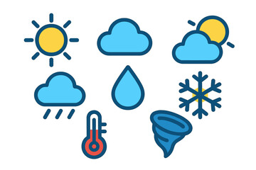 Obraz premium Colorful weather forecast symbols: sun, cloud, rain, snow, thermometer, and tornado