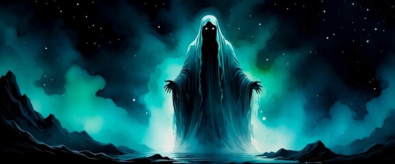 Spooky black ghost with glowing eyes at night. White shrouded ghost illustration by water. Haunted ghost character under starry sky. Eerie ghost in night waterscape.