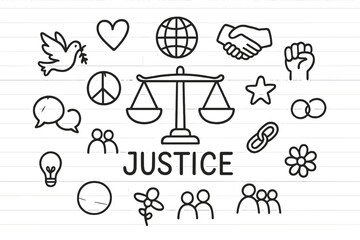 Justice Doodle Illustration. Justice. Hand-drawn doodle illustration of Justice. In the middle, one slightly
