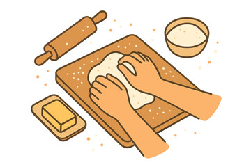 Hands kneading dough on a wooden board surrounded by flour, butter, and a rolling pin