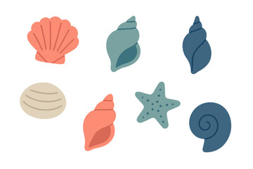 Stylized collection of colorful seashells and starfish representing ocean life and summer vacation elements