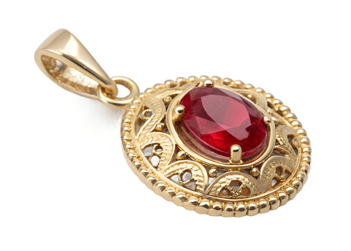 Elegant gold pendant with a red ruby gemstone, isolated on transparent background