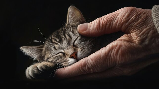 Tabby kitten resting in an elderly hand on black background