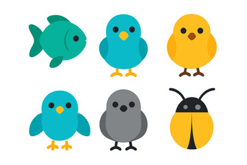 Fototapeta premium Cute cartoon animal characters set featuring fish, birds, and a ladybug