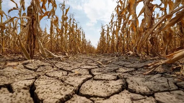 Cracked, dry soil in a cornfield with withered stalks under a blue sky.