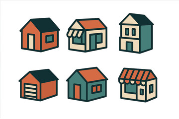 Six colorful stylized residential and commercial building icons set on white background