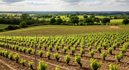 Vineyard Landscape - Rows of Grapevines in the French Countryside.