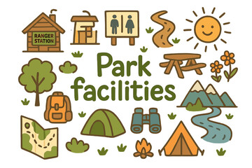 Fototapeta premium Park Facility Doodles. Park facilities. Hand-drawn doodle illustration of Park facilities. ranger station,