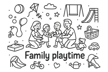 Family Fun Doodle. Family playtime. Hand-drawn doodle illustration of Family playtime. In the middle, one