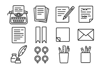 Vintage Typewriter Icons. A vintage typewriter with an unfinished manuscript on paper. Line outline icon set