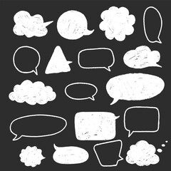 Playful crayon speech dialog text frames. Hand sketched Chalkboard box bubbles. Abstract chat Stickers and pencil clouds. Vector illustration