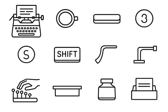 Vintage Typewriter Icons. A vintage typewriter with an unfinished manuscript on paper. Line outline icon set