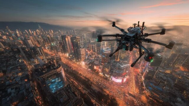 A large multi-rotor drone hovering over a neon-lit city skyline at dusk.