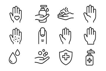Nail Care Icons. Nail care and hand cleanliness. Line outline icon set of Nail care and hand cleanliness: hand