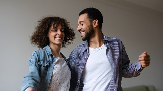 Smiling man and woman dancing barefoot in cozy living room, playful romantic atmosphere and happy relationship at home couple, dancing, love, home, romance, joy, happiness, togethe - Powered by Adobe