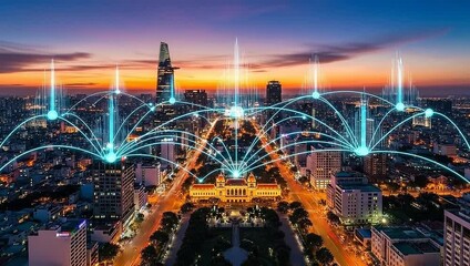 A cityscape lit by a sunset with an overlay depicting a network of connections and data - Powered by Adobe