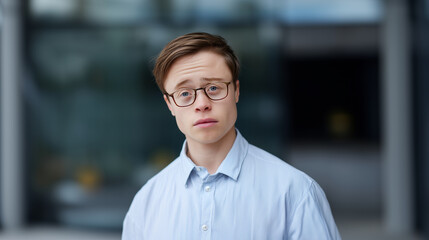 Serious young professional man with Down syndrome wearing eyeglasses and formal shirt