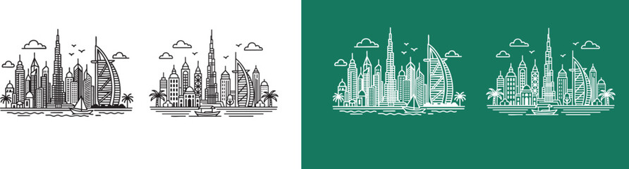 Iconic Dubai Skyline Line Art with Famous Landmarks