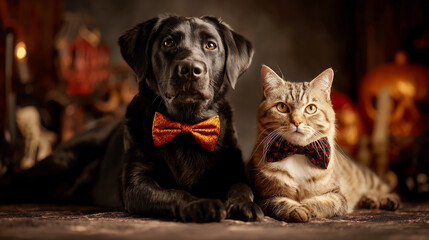 Obraz premium A Cat and A Dog In Holiday Bowties