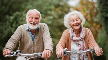 Two smiling elderly people ride bicycles together in a leafy park.