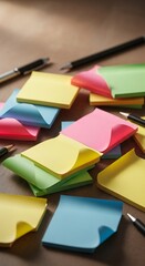 Colorful Sticky Notes and Pens on a Desk for Reminders.