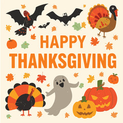 Obraz premium Vector design of A festive Thanksgiving card with a unique Halloween twist, featuring a flat design style, bold lines, and vibrant autumnal colors