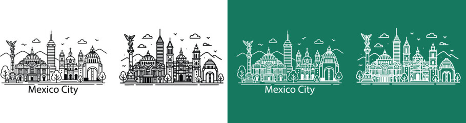  bold line art illustration of Mexico City skyline, Mexico, featuring its mix of historic and modern architecture