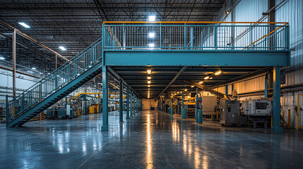 Industrial metal mezzanine enhances factory workspace efficiency Generative AI