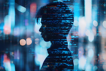 Human silhouette fragmented into layered biometric codes and pixelated grids, transparent interface overlays hovering in space, subtle glitch distortion, futuristic cool-toned palette