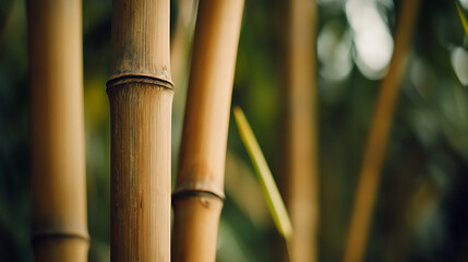 Obraz premium A close-up of bamboo stalks reveals their textured surfaces and earthy tones. The scene is bathed in soft light, accentuating the natural details.