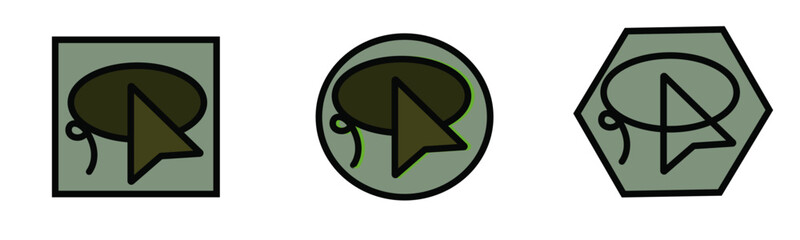 a set of three modern computer mouse cursor pointer icons with an oval shape and swirl element inside a square circle and hexagon isolated on white background for web design and ui elements