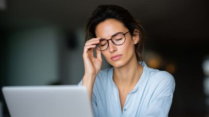 Upset woman with closed eyes holding glasses near laptop, concept of tired eyes, stress and digital fatigue from long work hours woman, laptop, glasses, stress, fatigue, tired, dig