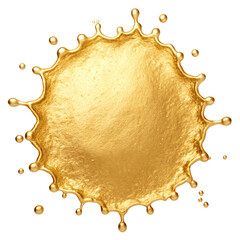 Golden metallic paint splash isolated on white background. Shiny liquid gold drop texture, luxury abstract design element, realistic golden fluid explosion effect