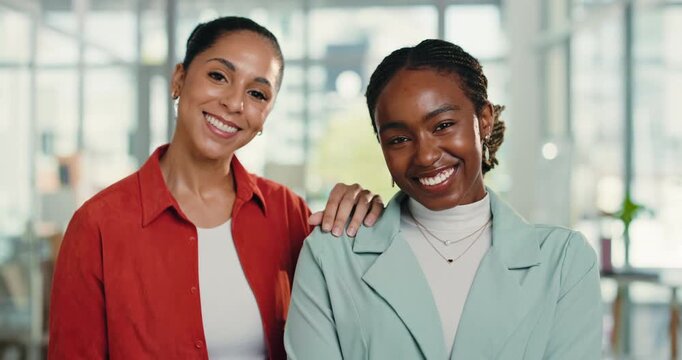 Face, mentor and women in office with smile, skill growth and support in corporate job. Happy, marketing director and intern in workplace with tech, coaching and goals in career development.