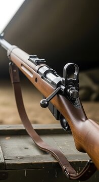 Close-up of a Mauser K98 Rifle with Sling on a Military Crate.