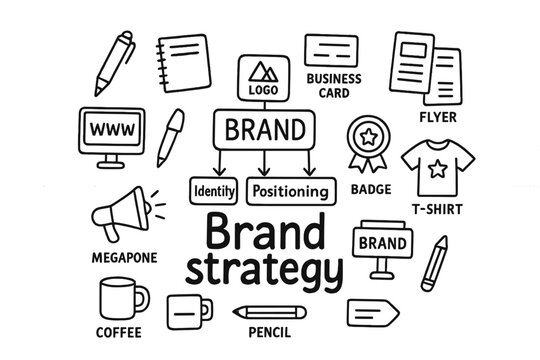 Brand Strategy Doodles. Brand strategy. Hand-drawn doodle illustration of Brand strategy. In the middle, one