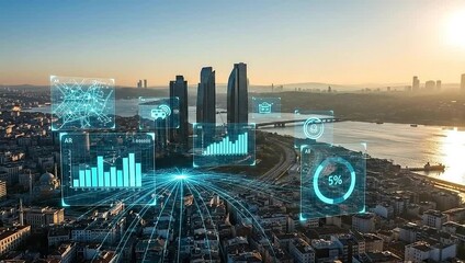 A digital city view with connected graphics and skyscrapers, at sunrise. Futuristic concept of urban data analysis - Powered by Adobe