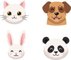 Vector illustration of cute cartoon animal faces including cat, dog, rabbit, and panda for children’s design, education, and decoration use